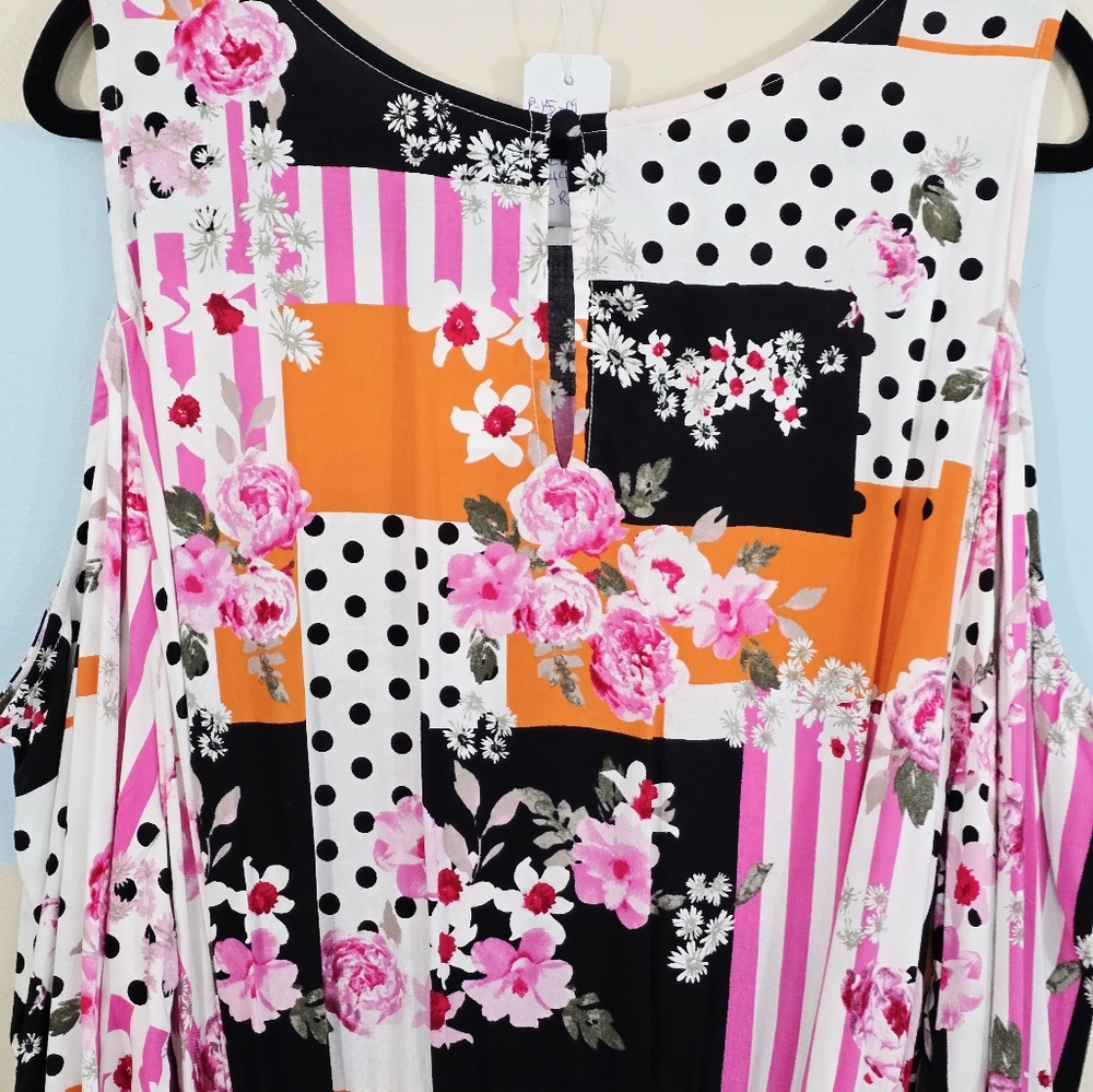 NWT Cato Multicolor Polka-dot Floral Patchwork Cold Shoulder Dress - Picture 7 of 10